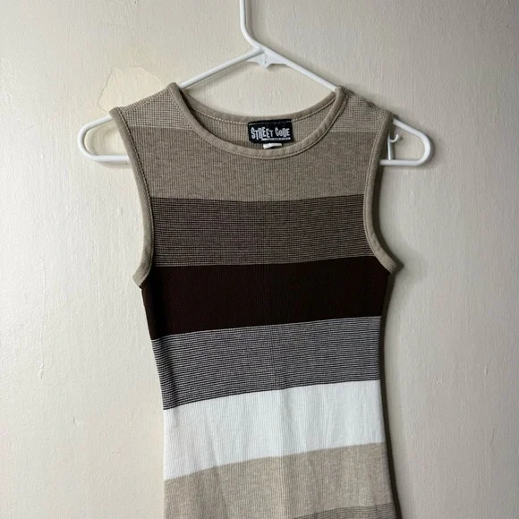 Vintage Street Code Brown Striped Ribbed Tank Sweater Dress Y2K Bodycon - Picture 2 of 6